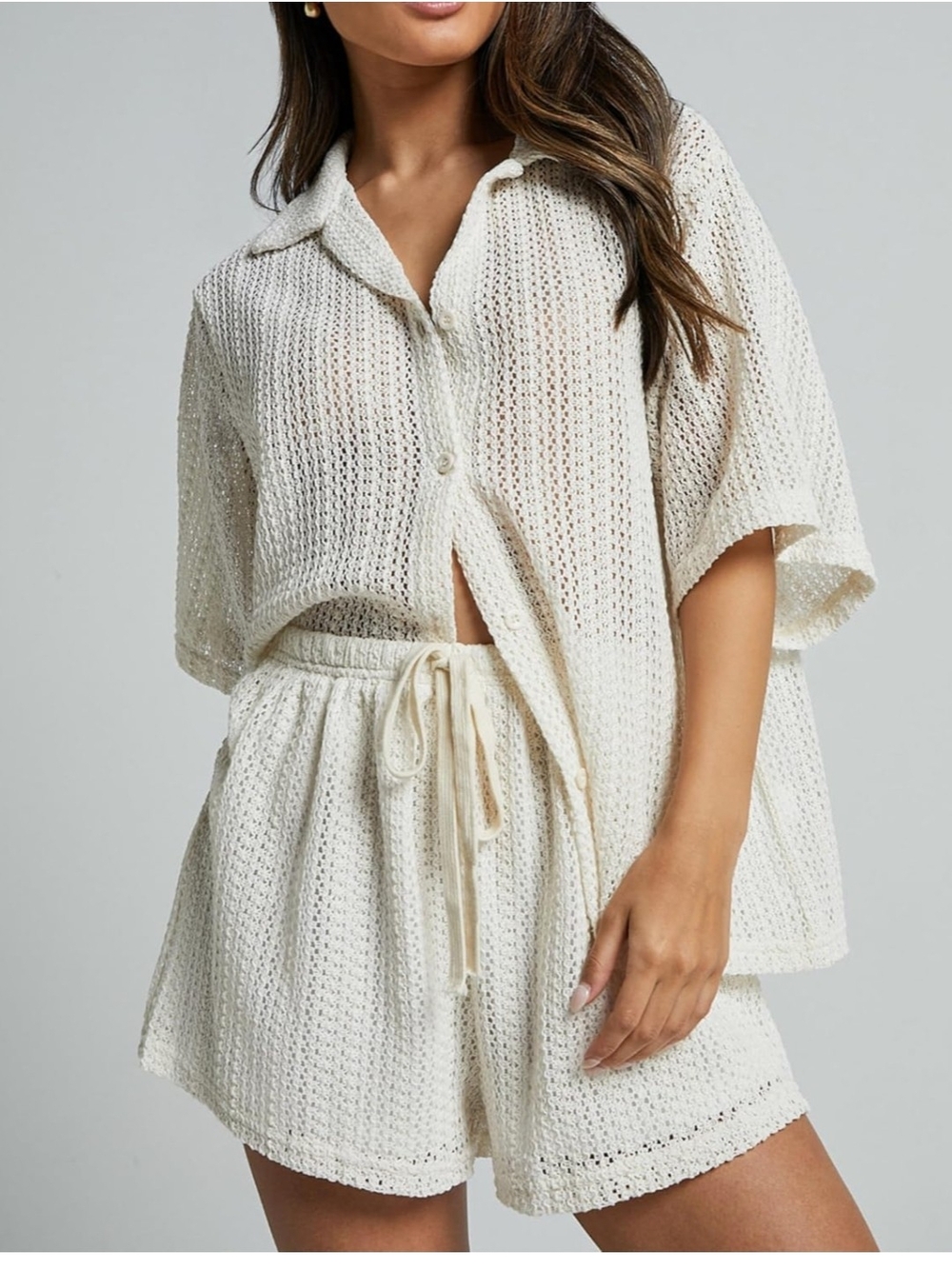 2-Piece Crochet Swimsuit Cover Ups, Hollow Out Knit Half Sleeve Tops Shorts Set